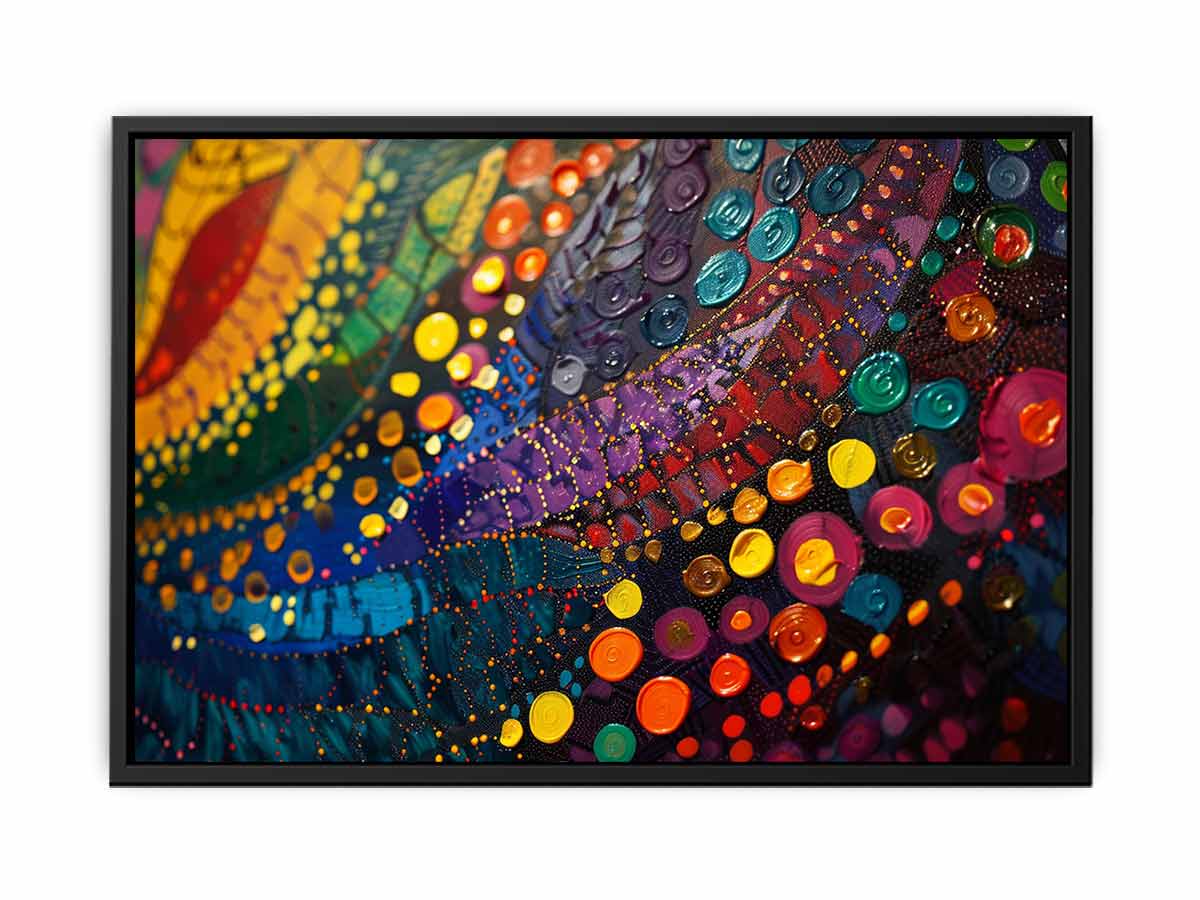 Bold colorful abstract canvas art with circles for eclectic living room decor.