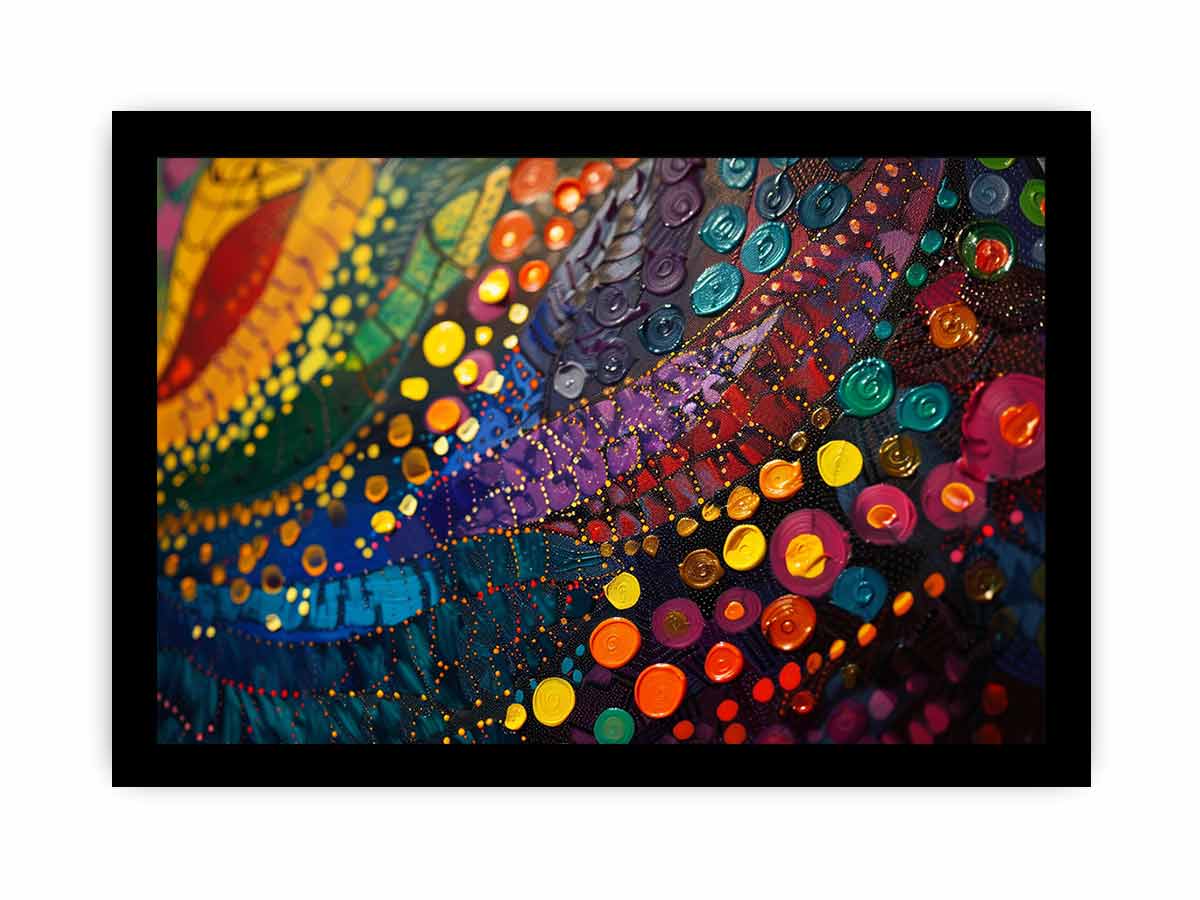 Bold colorful abstract canvas art with circles for eclectic living room decor.