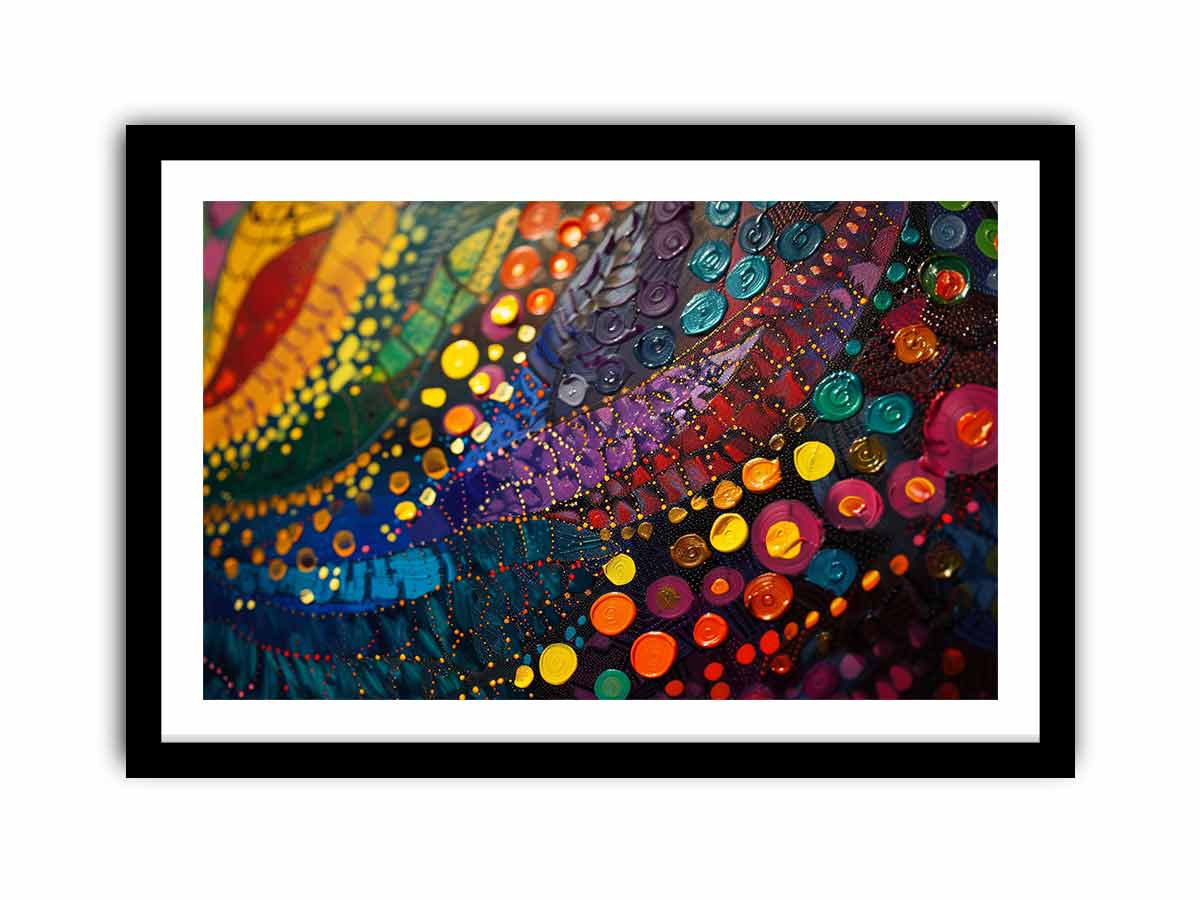 Bold colorful abstract canvas art with circles for eclectic living room decor.