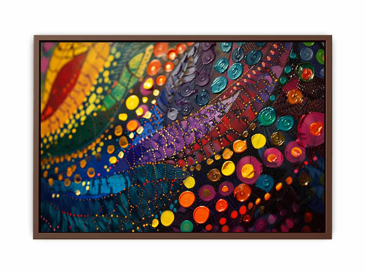 Bold colorful abstract canvas art with circles for eclectic living room decor.