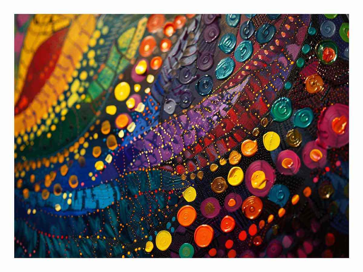 Bold colorful abstract canvas art with circles for eclectic living room decor.
