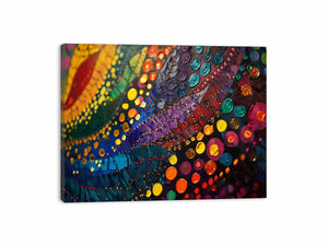 Bold colorful abstract canvas art with circles for eclectic living room decor.