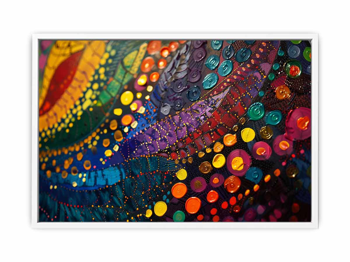 Bold colorful abstract canvas art with circles for eclectic living room decor.