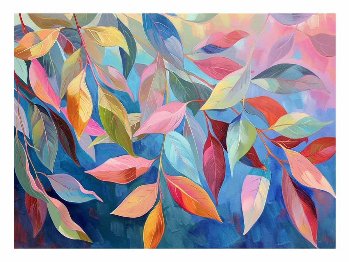 Pastel botanical leaf canvas art for soft modern bedroom decor.