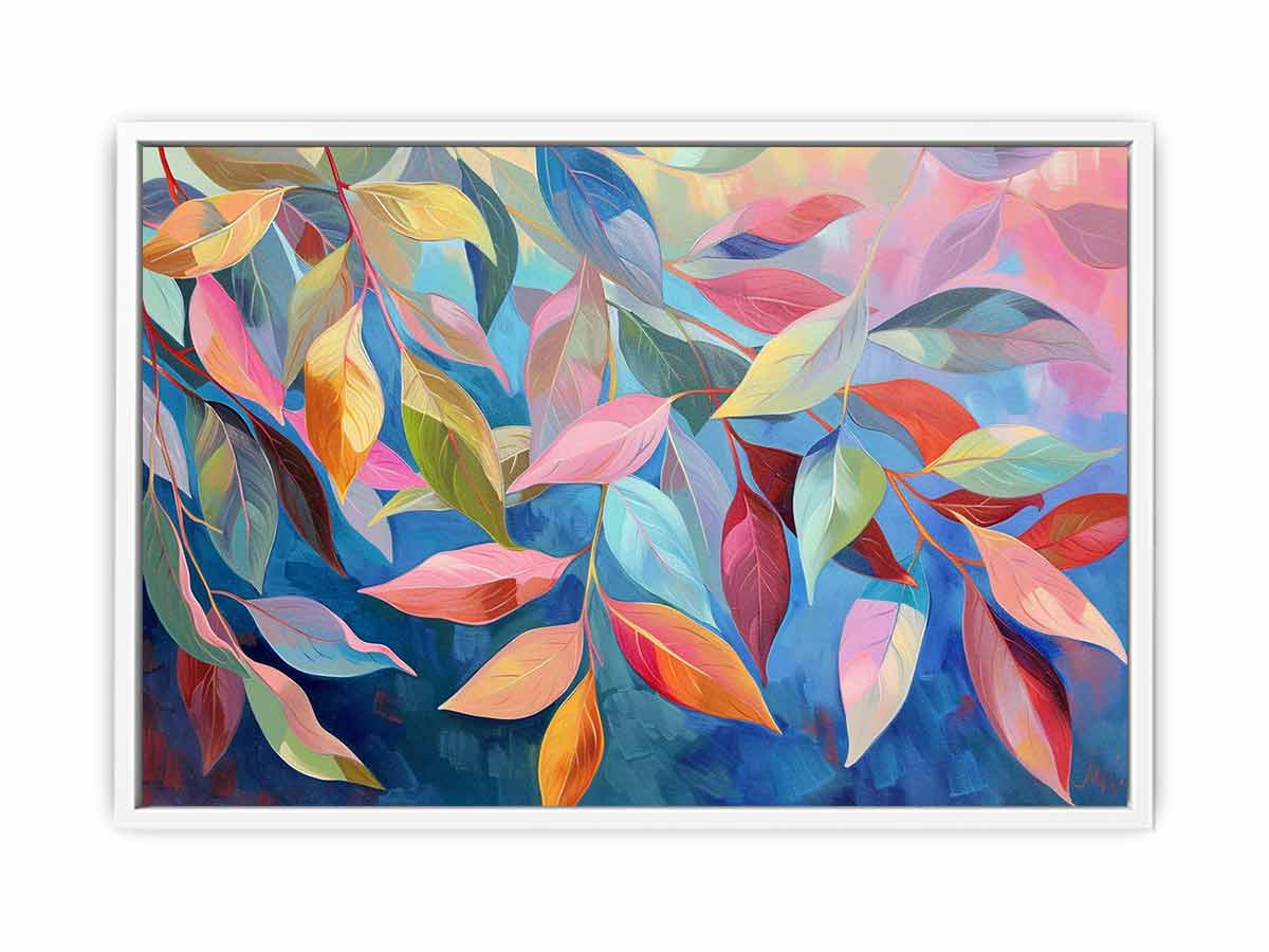 Pastel botanical leaf canvas art for soft modern bedroom decor.