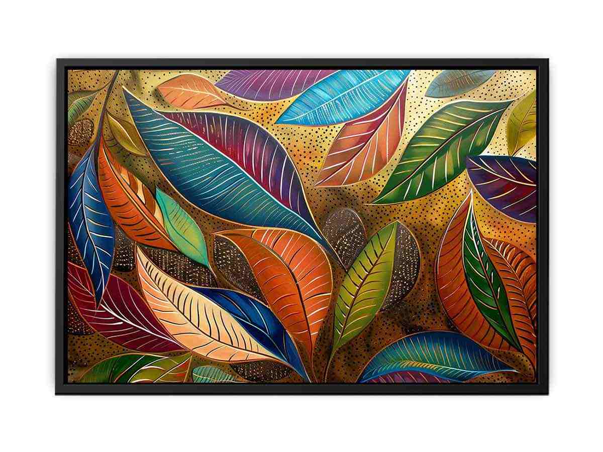 Colorful botanical leaf artwork with gold pattern for modern dining room decor.