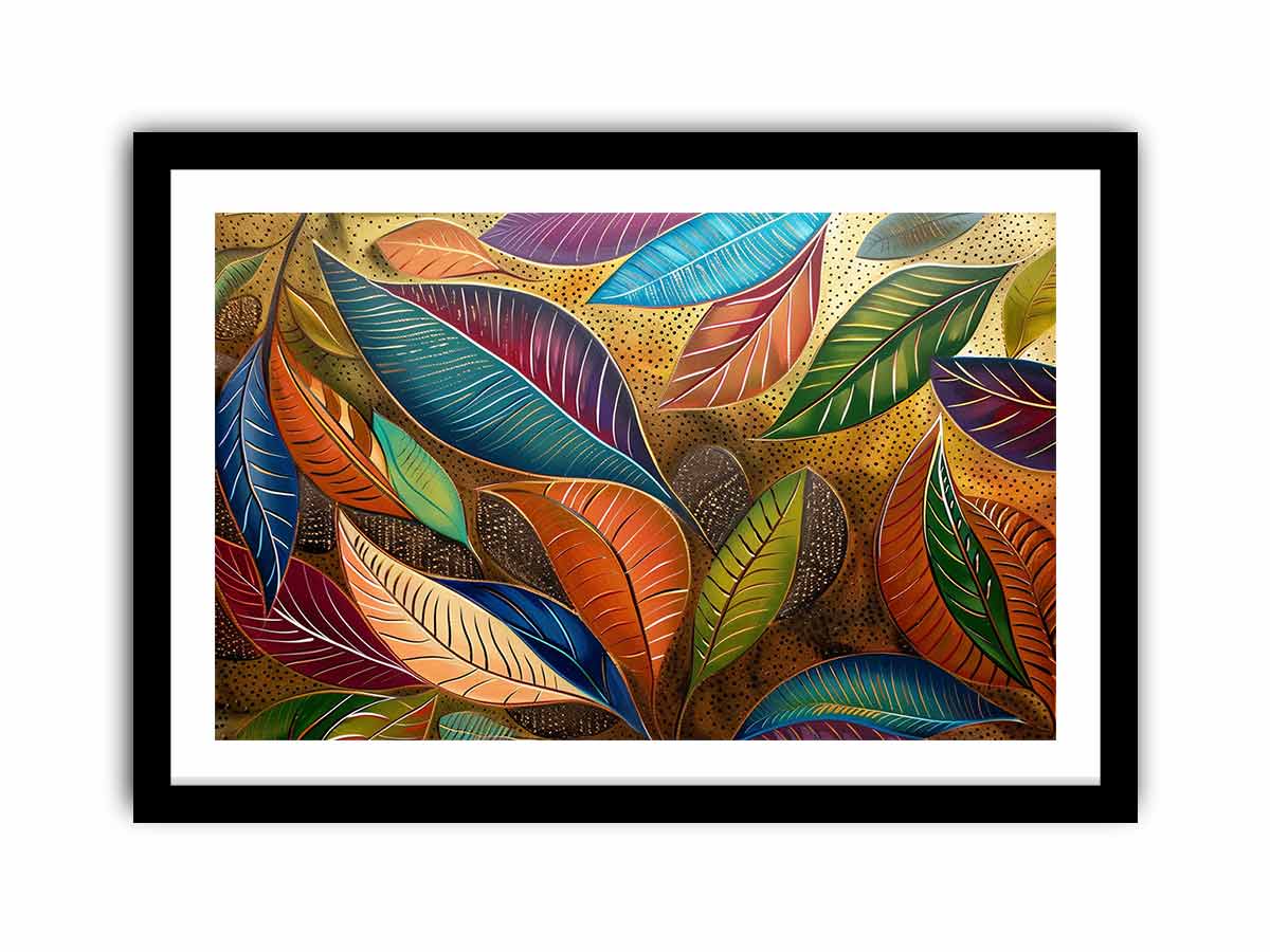 Colorful botanical leaf artwork with gold pattern for modern dining room decor.