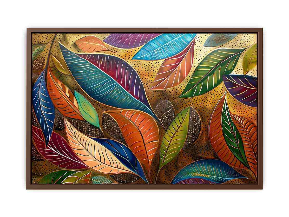 Colorful botanical leaf artwork with gold pattern for modern dining room decor.