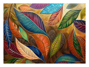 Colorful botanical leaf artwork with gold pattern for modern dining room decor.