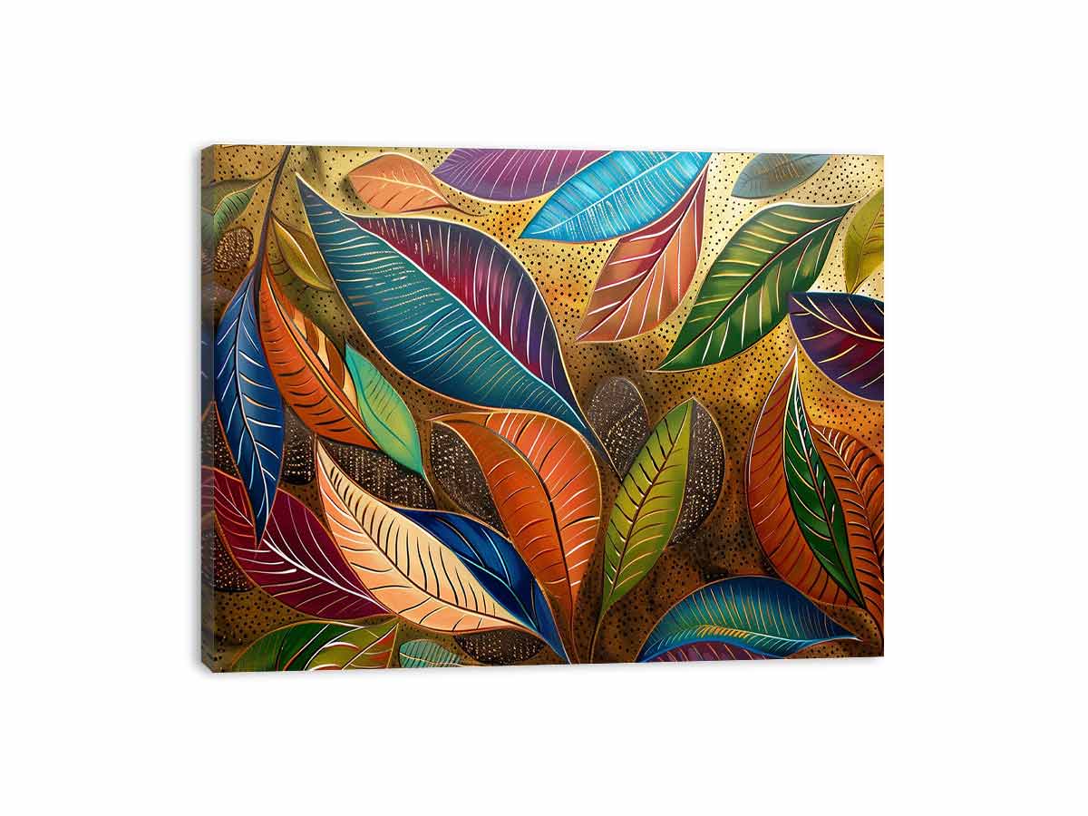 Colorful botanical leaf artwork with gold pattern for modern dining room decor.