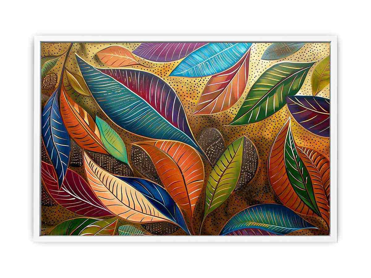 Colorful botanical leaf artwork with gold pattern for modern dining room decor.
