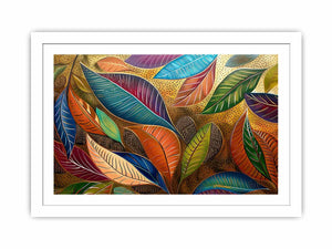 Colorful botanical leaf artwork with gold pattern for modern dining room decor.