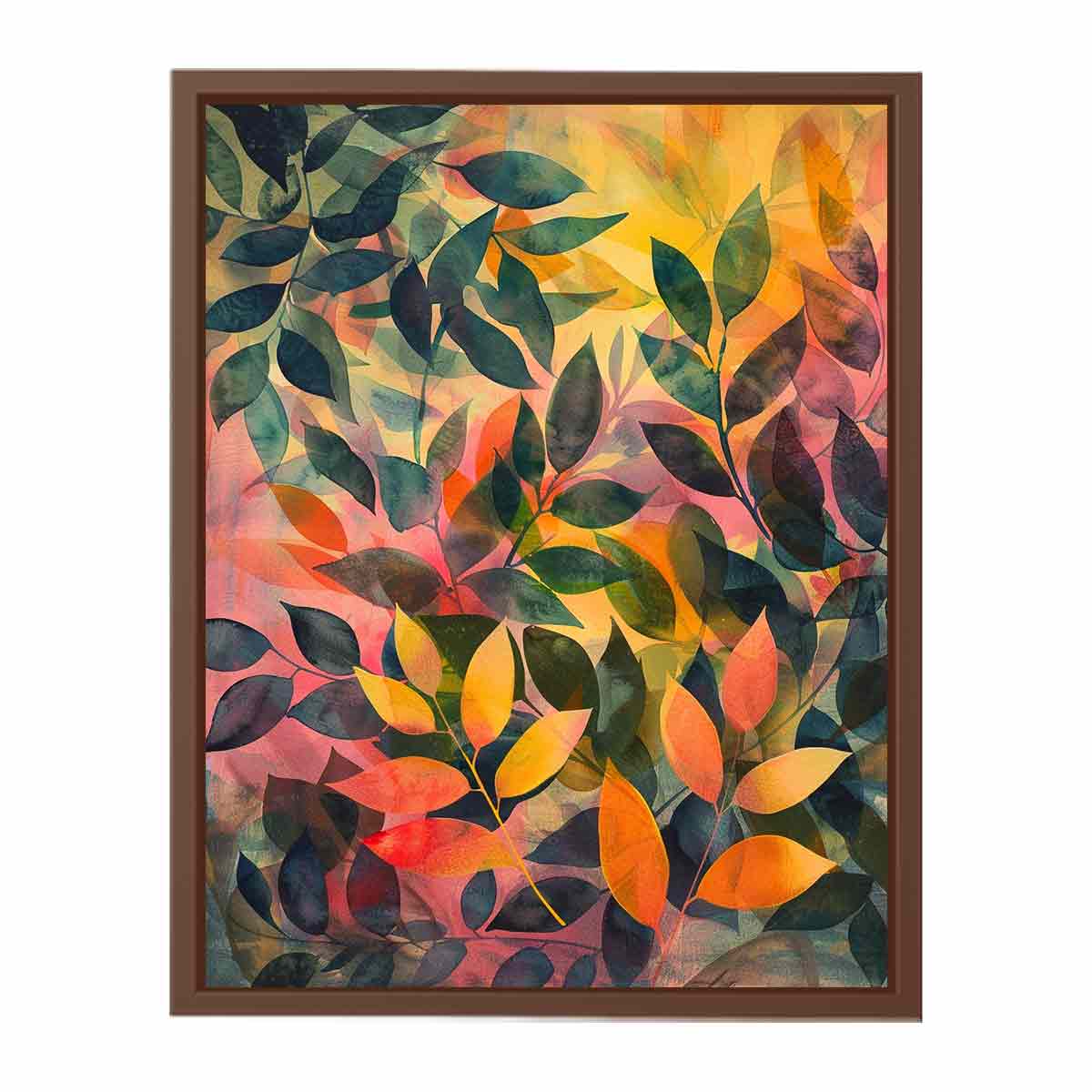 Layered botanical leaf canvas art for warm modern bedroom decor.