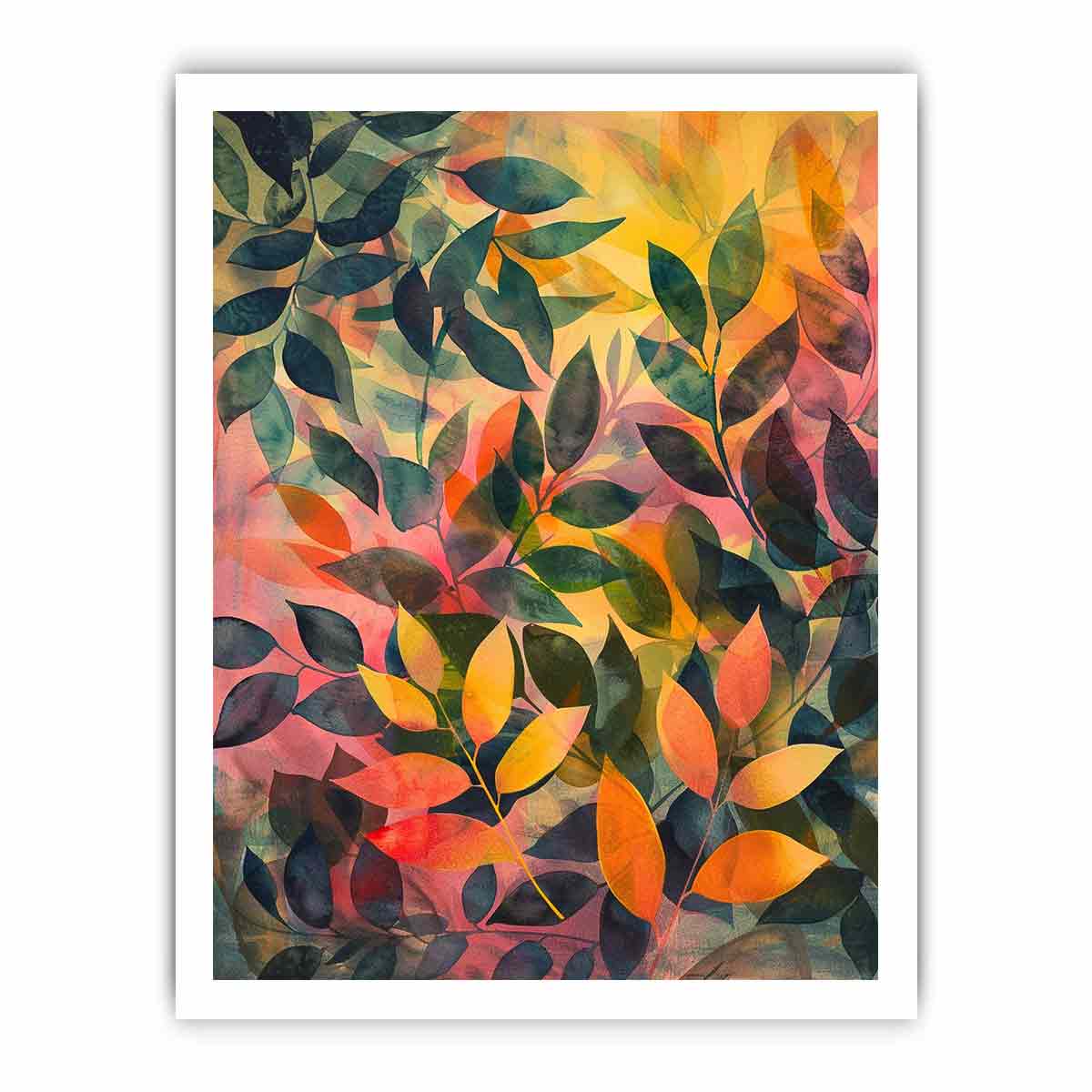 Layered botanical leaf canvas art for warm modern bedroom decor.