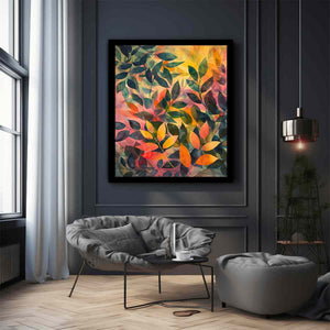 Layered botanical leaf canvas art for warm modern bedroom decor.