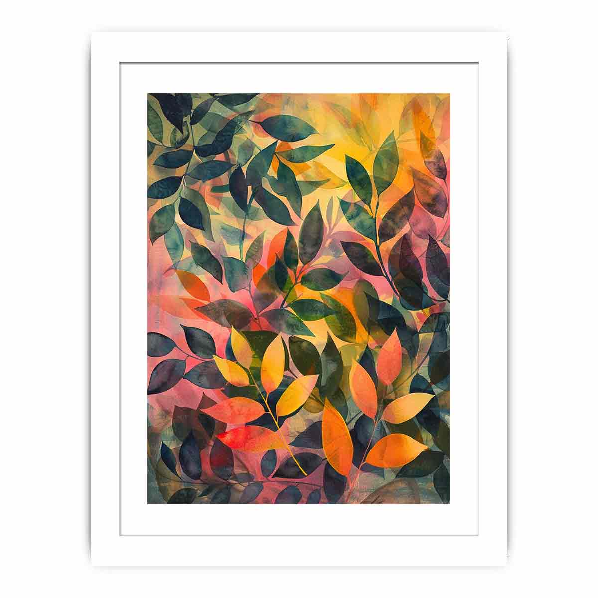 Layered botanical leaf canvas art for warm modern bedroom decor.