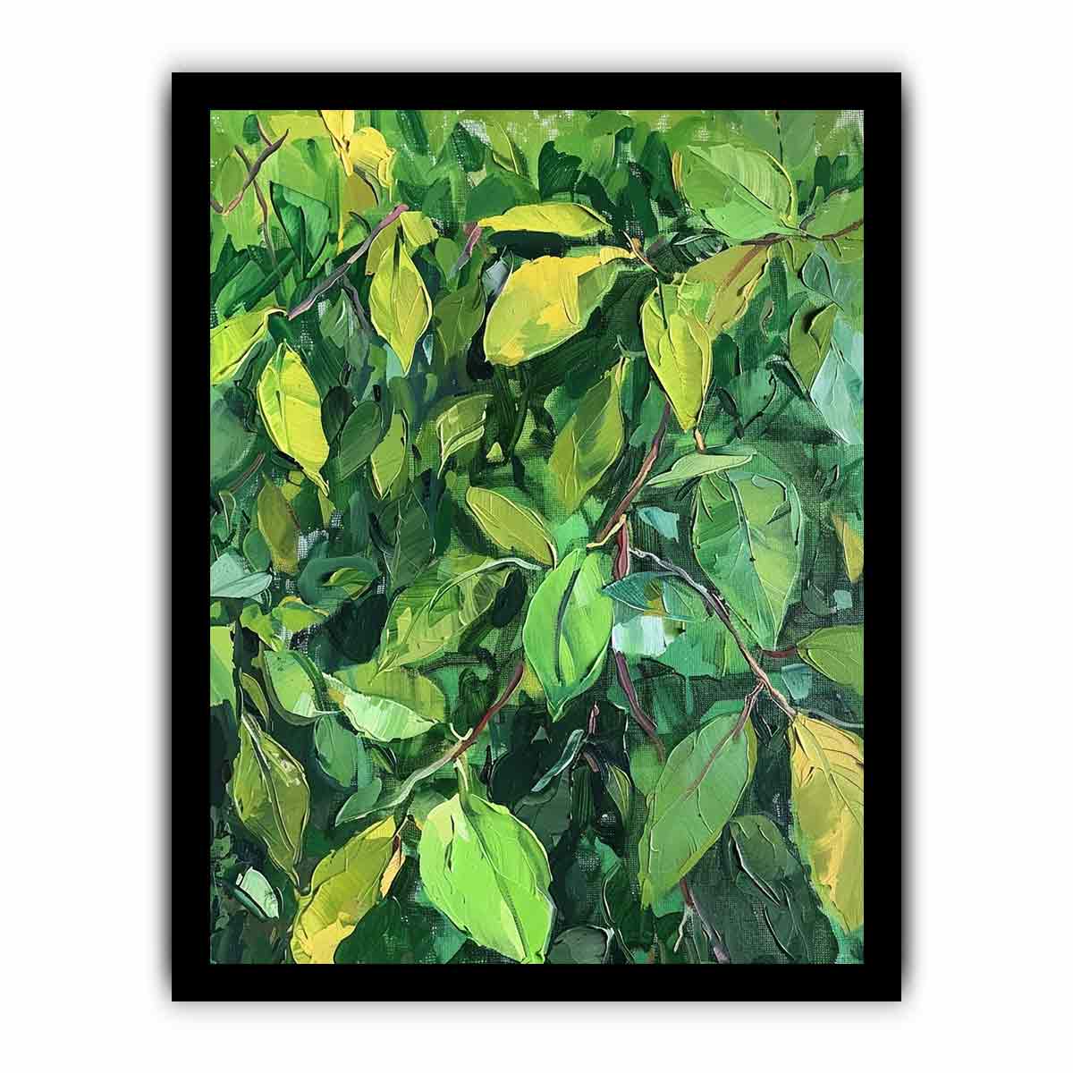 Green leafy botanical canvas art for biophilic office and hallway decor.