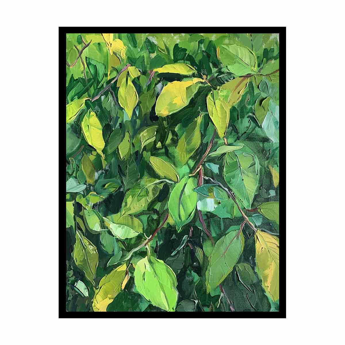 Green leafy botanical canvas art for biophilic office and hallway decor.