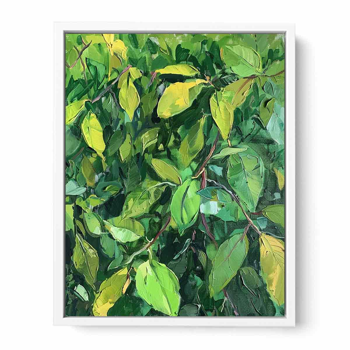 Green leafy botanical canvas art for biophilic office and hallway decor.