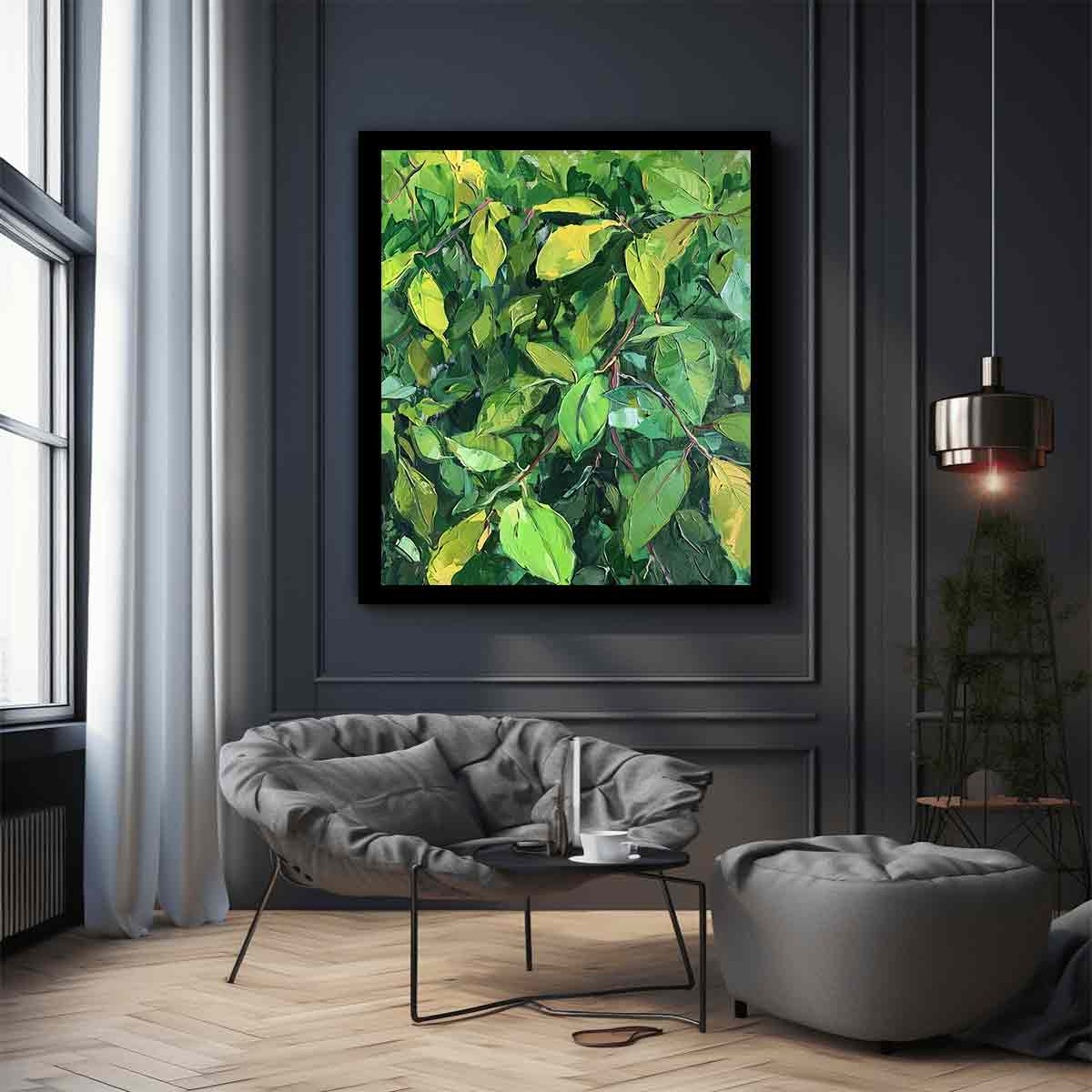 Green leafy botanical canvas art for biophilic office and hallway decor.