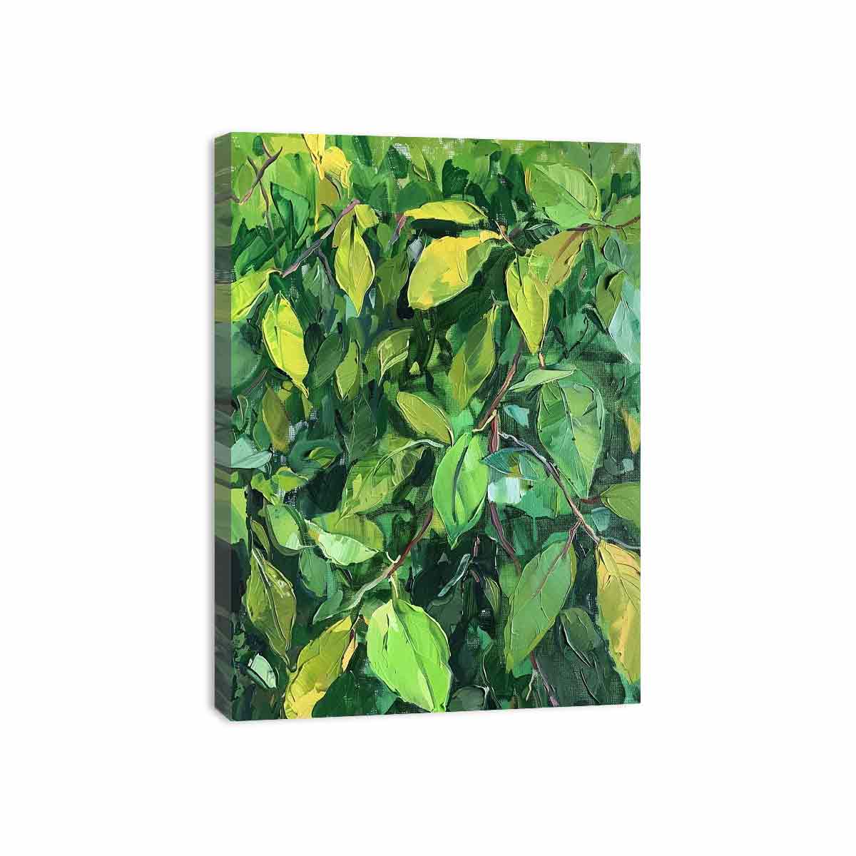 Green leafy botanical canvas art for biophilic office and hallway decor.