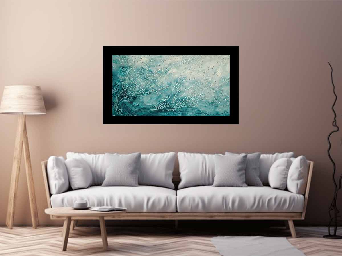 Aqua abstract branch canvas art for serene coastal bedroom decor.