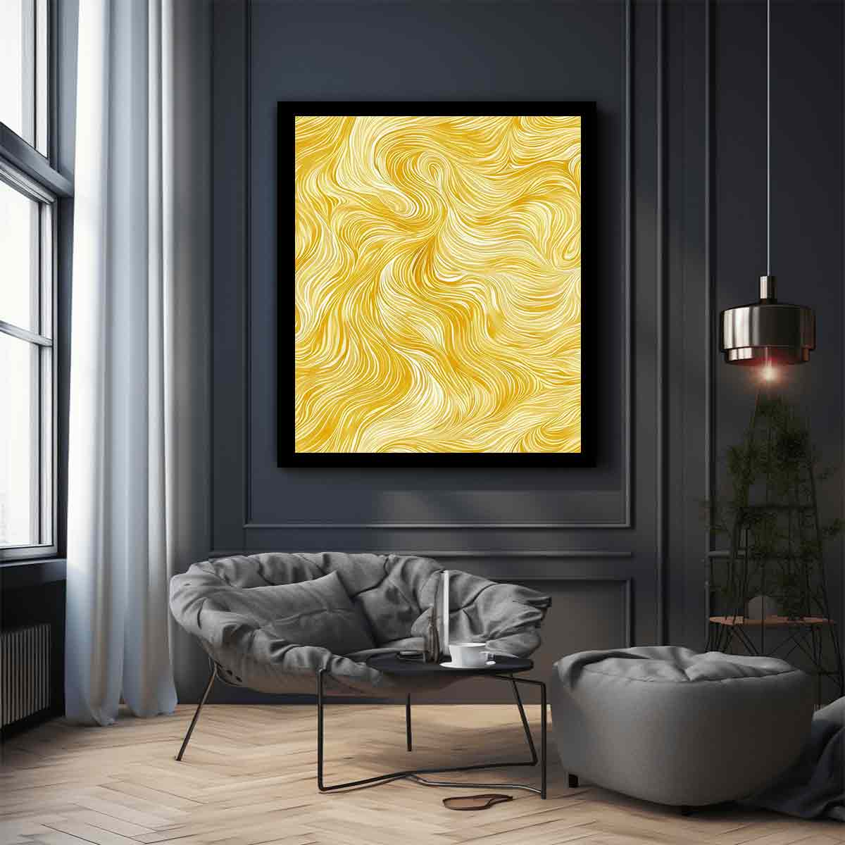 Golden abstract line pattern canvas art for bright modern bedroom decor.