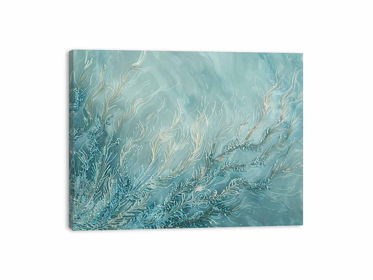 Coastal abstract coral canvas art for serene bedroom and bathroom decor.