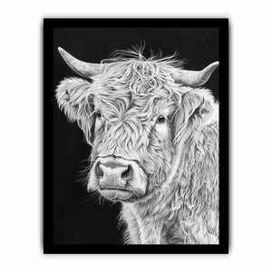 Black and white Highland cow portrait art for rustic farmhouse living room decor.