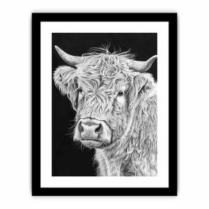 Black and white Highland cow portrait art for rustic farmhouse living room decor.