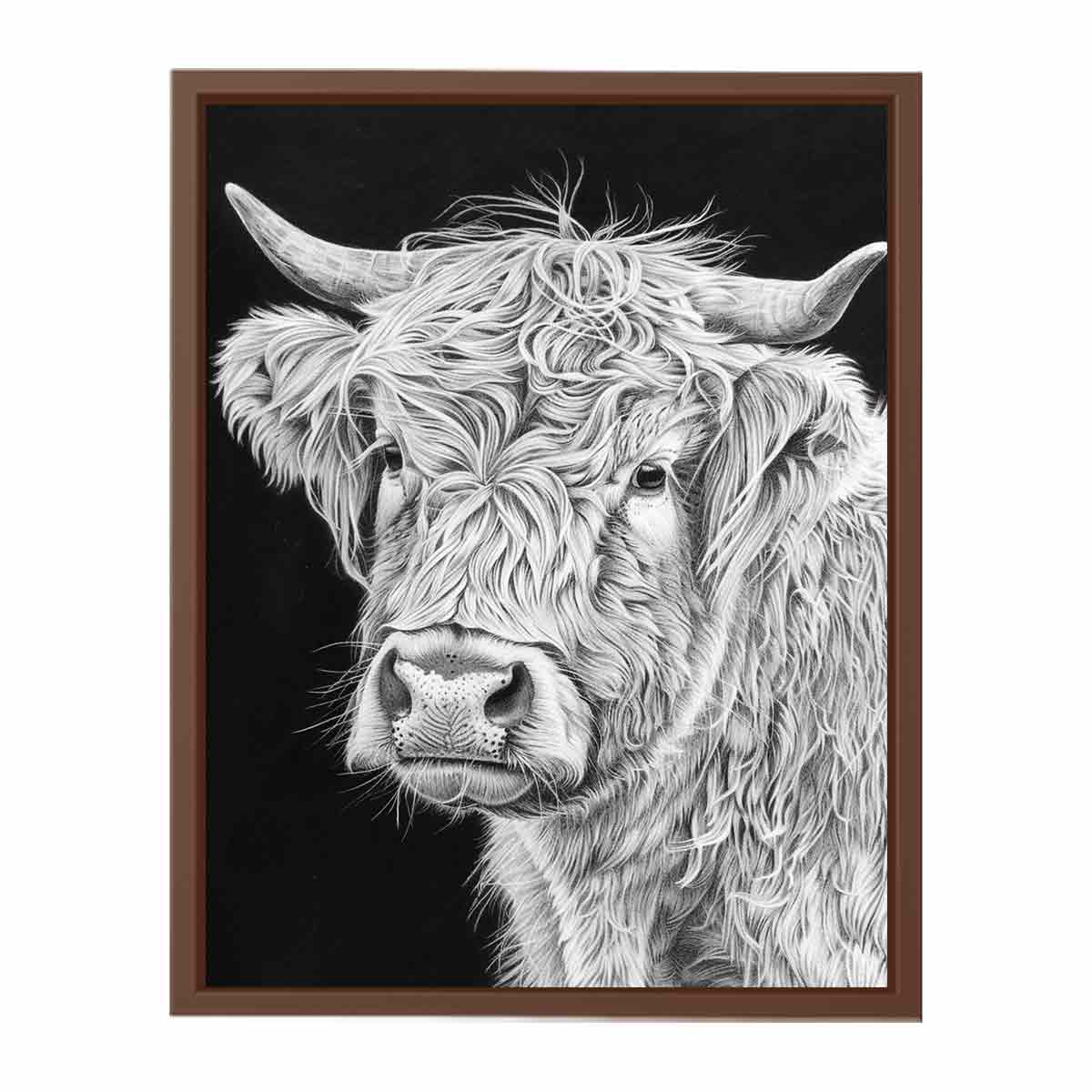 Black and white Highland cow portrait art for rustic farmhouse living room decor.