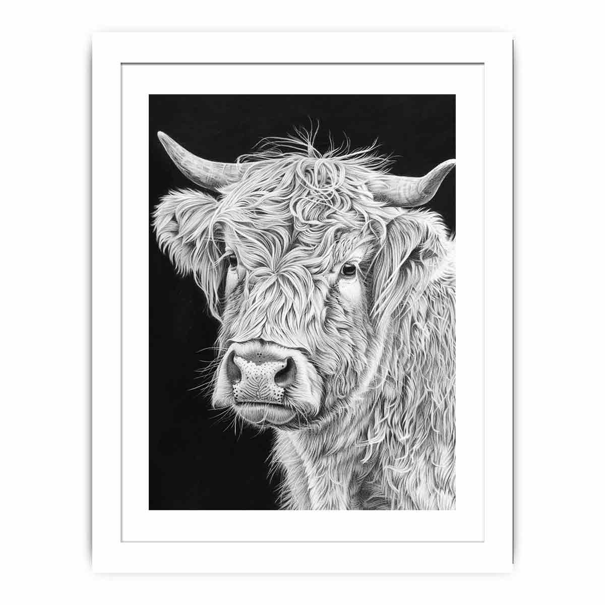 Black and white Highland cow portrait art for rustic farmhouse living room decor.