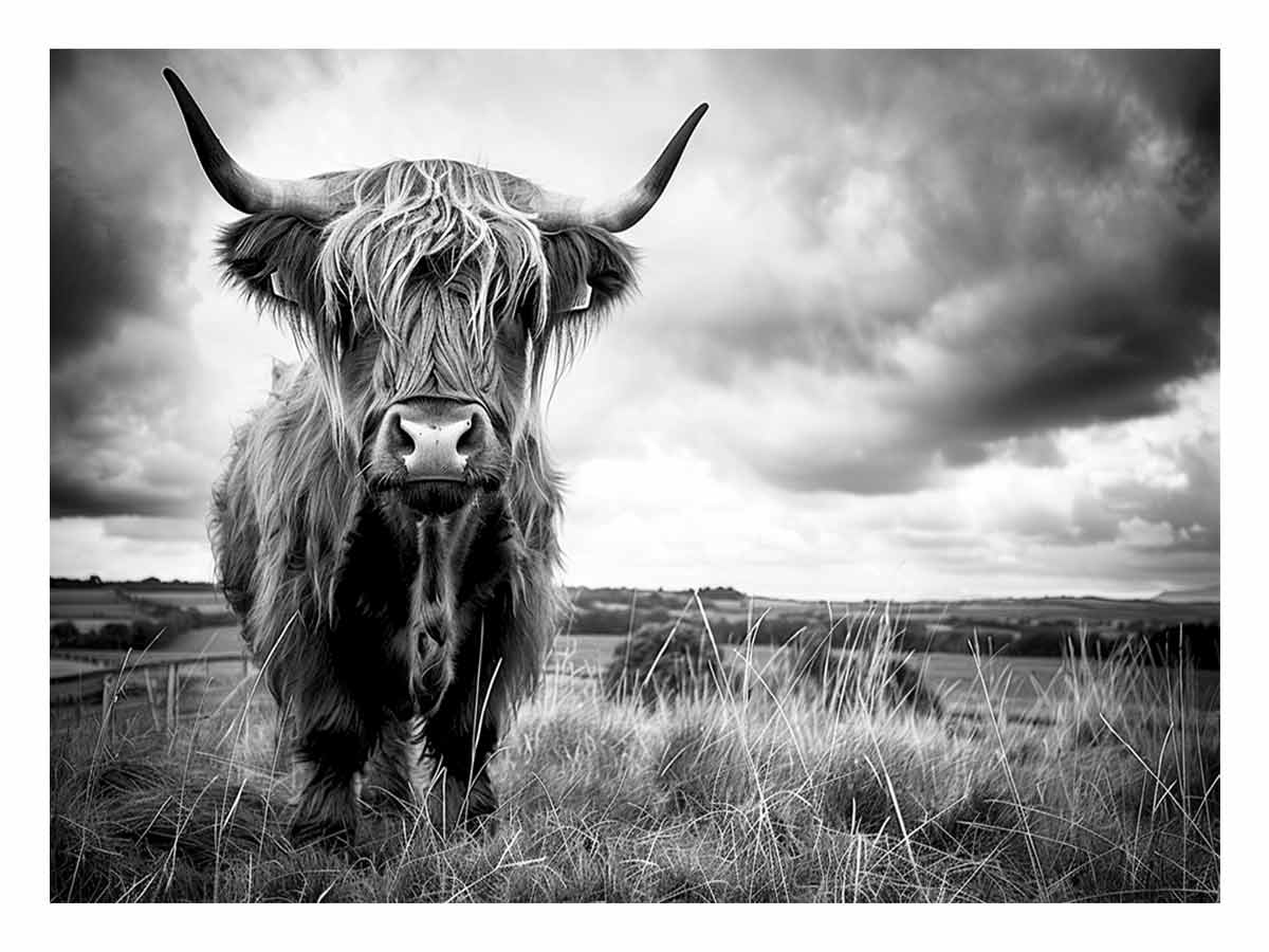 Black and white Highland cow landscape photography for rustic farmhouse decor.