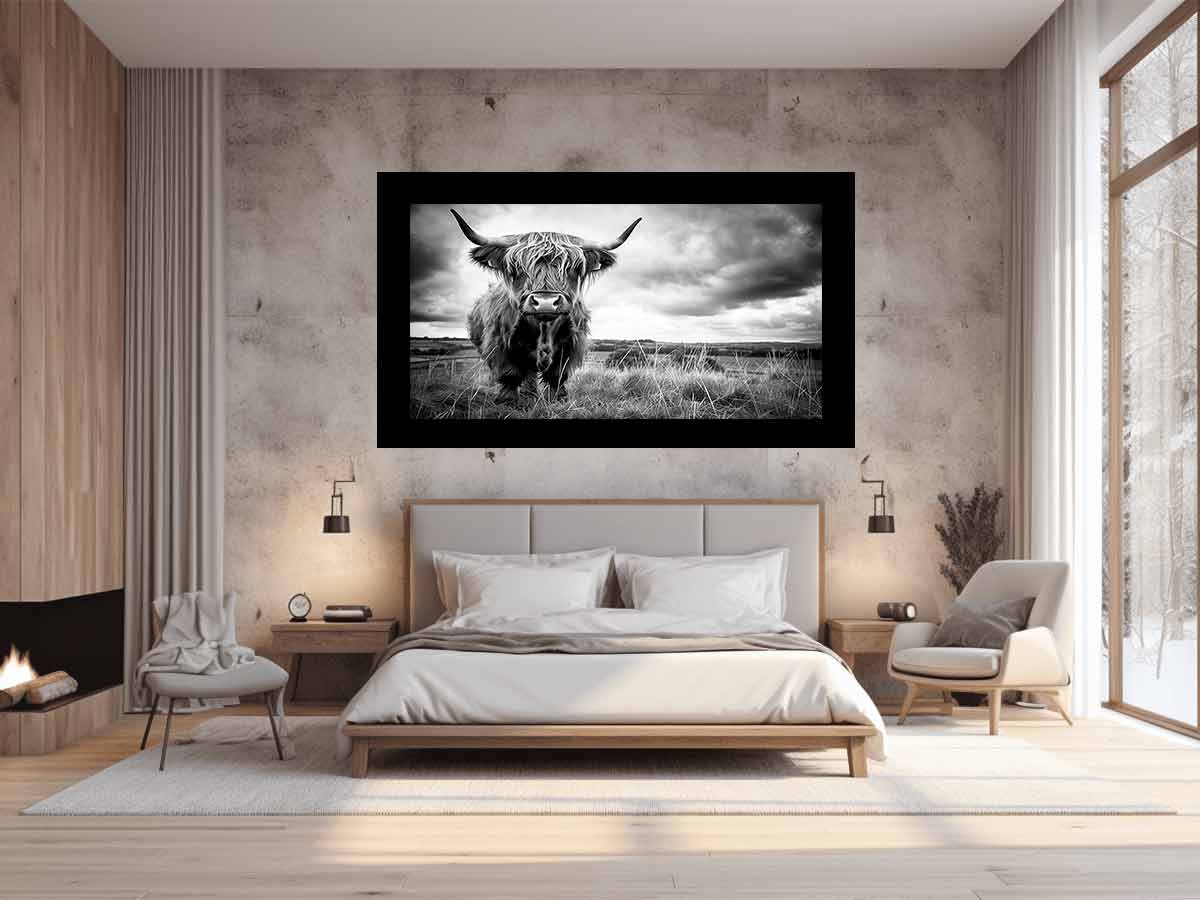 Black and white Highland cow landscape photography for rustic farmhouse decor.