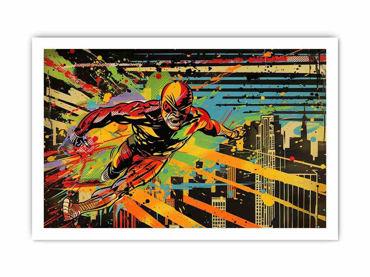 Bold comic hero canvas art racing through a colorful city skyline for modern room decor.