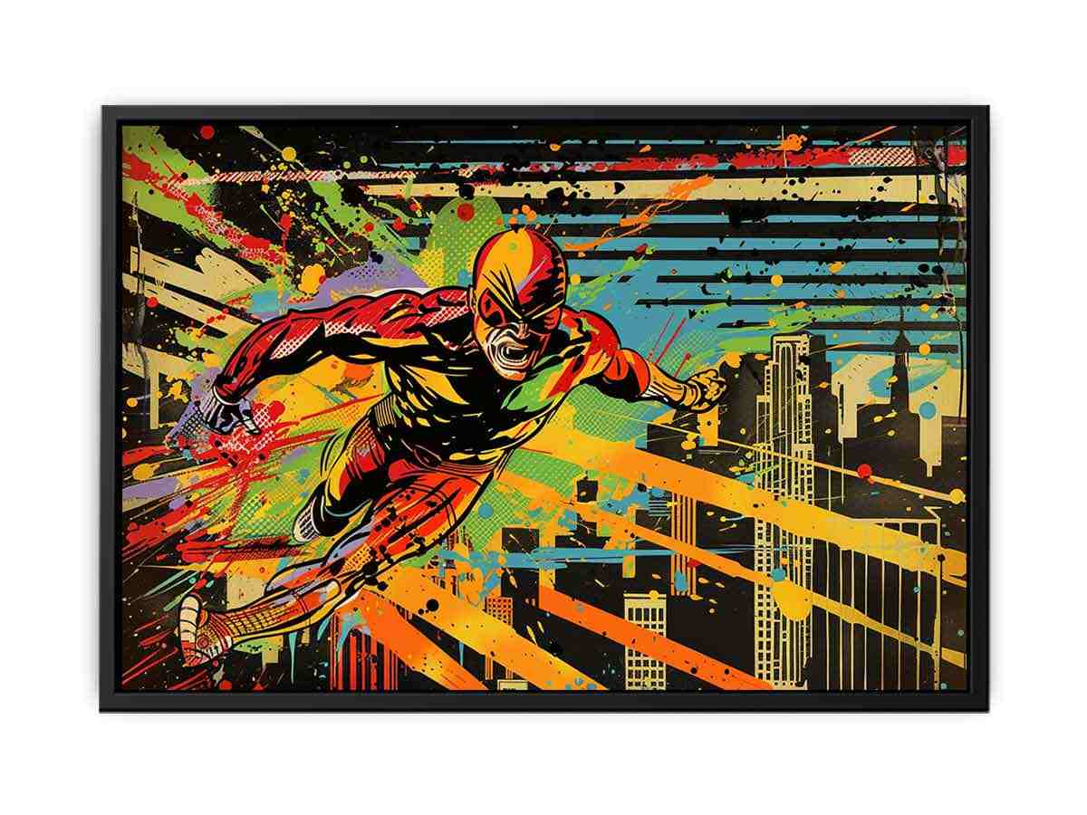 Bold comic hero canvas art racing through a colorful city skyline for modern room decor.