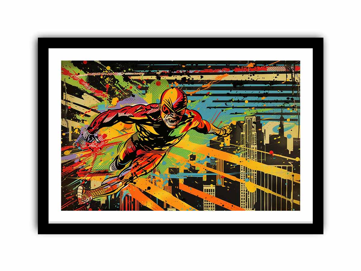 Bold comic hero canvas art racing through a colorful city skyline for modern room decor.