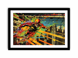 Bold comic hero canvas art racing through a colorful city skyline for modern room decor.