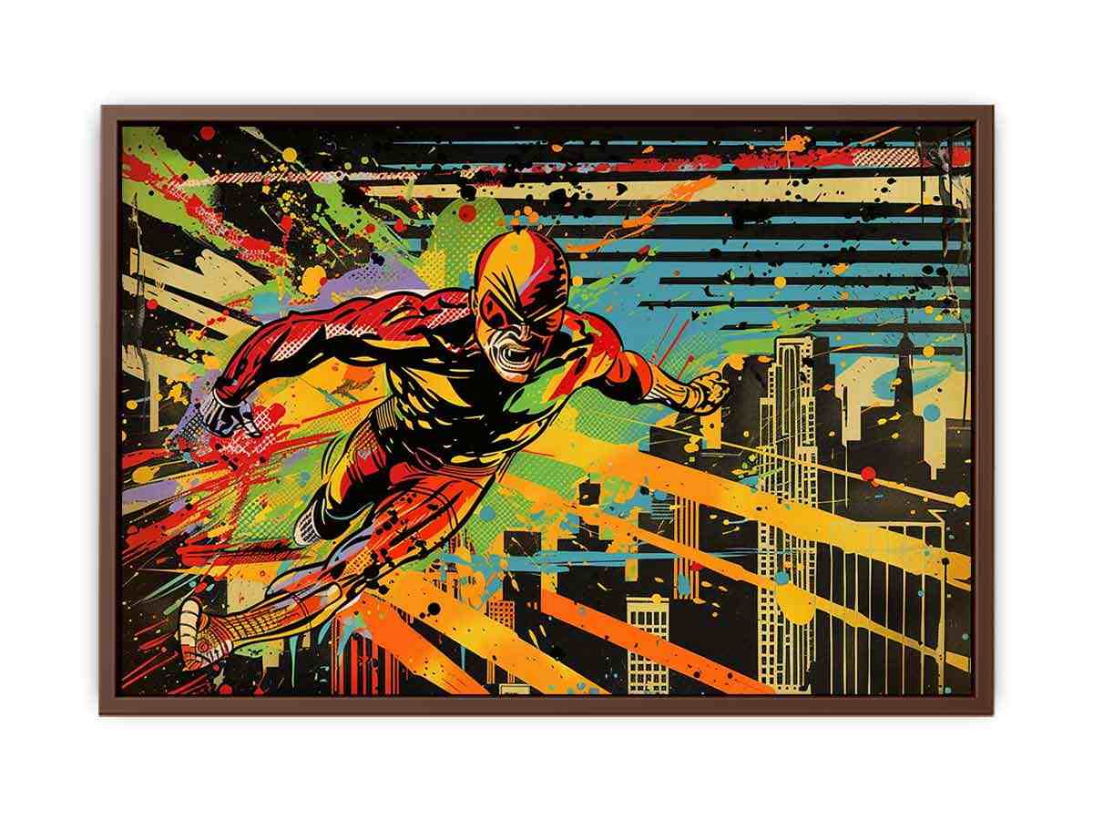 Bold comic hero canvas art racing through a colorful city skyline for modern room decor.
