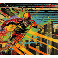 Bold comic hero canvas art racing through a colorful city skyline for modern room decor.