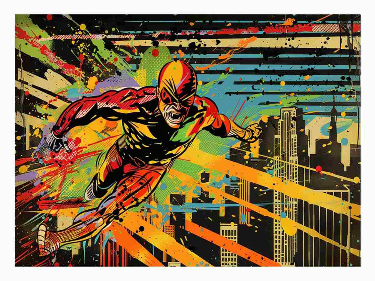 Bold comic hero canvas art racing through a colorful city skyline for modern room decor.