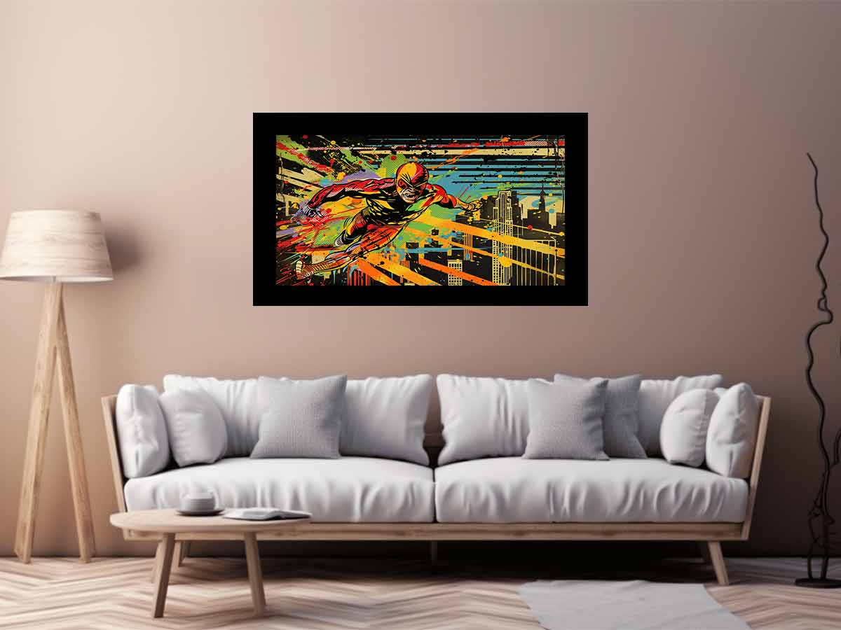 Bold comic hero canvas art racing through a colorful city skyline for modern room decor.