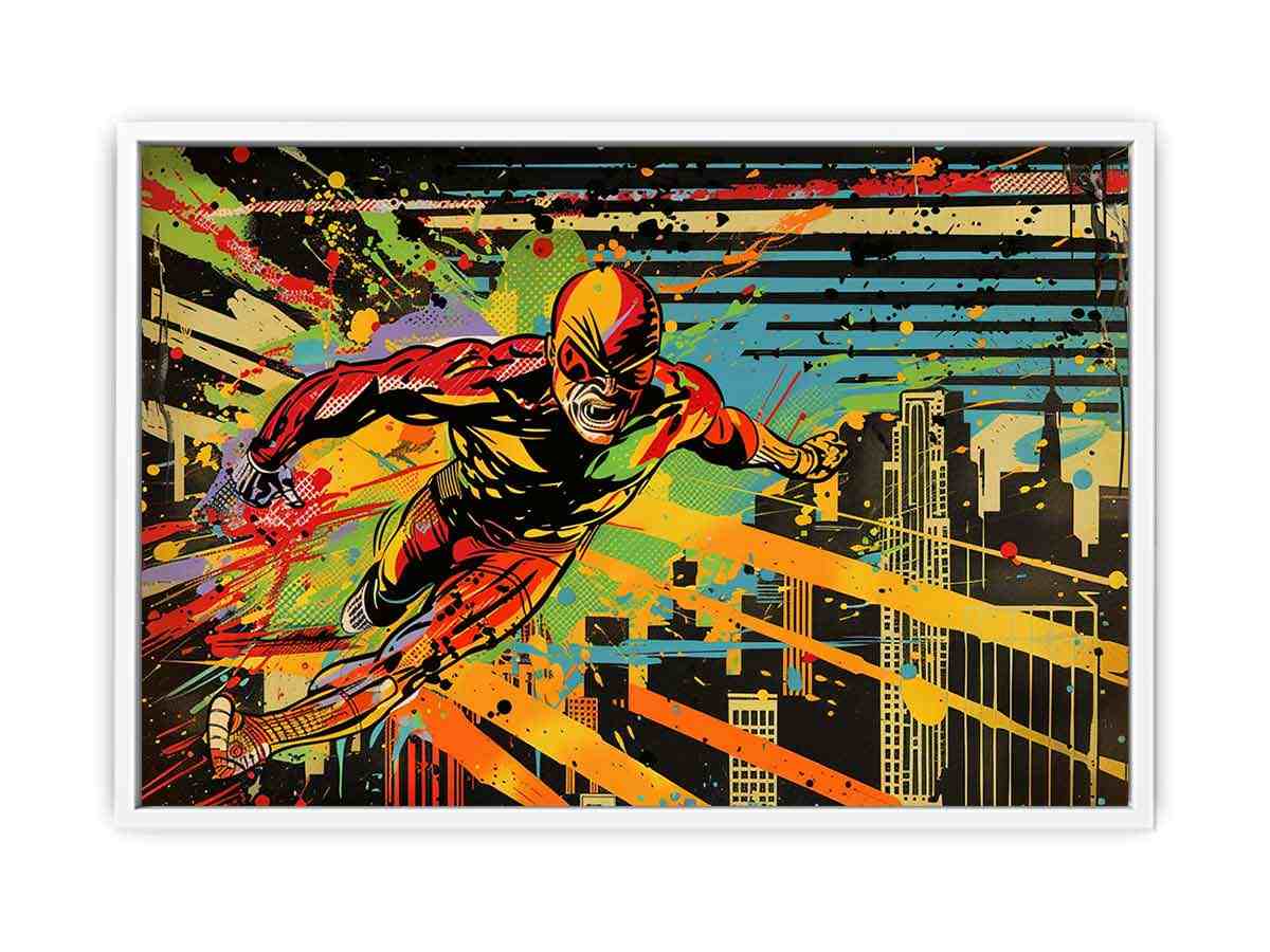 Bold comic hero canvas art racing through a colorful city skyline for modern room decor.