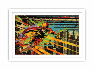 Bold comic hero canvas art racing through a colorful city skyline for modern room decor.