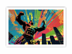 Colorful pop art superhero canvas with city skyline for bold modern room decor.