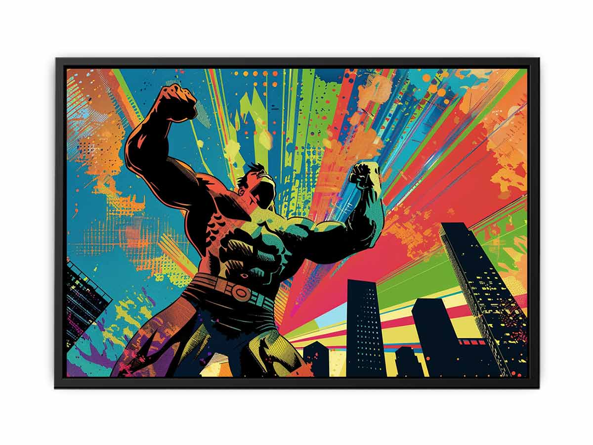 Colorful pop art superhero canvas with city skyline for bold modern room decor.