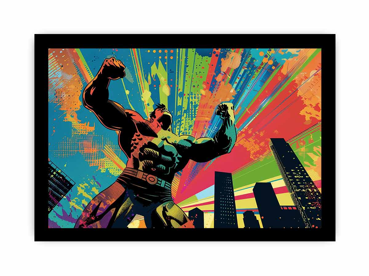 Colorful pop art superhero canvas with city skyline for bold modern room decor.