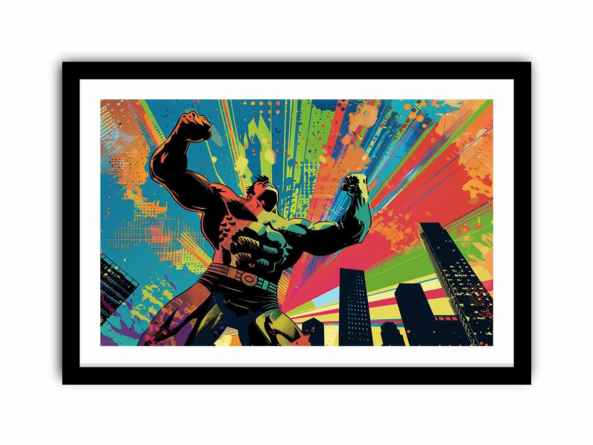 Colorful pop art superhero canvas with city skyline for bold modern room decor.