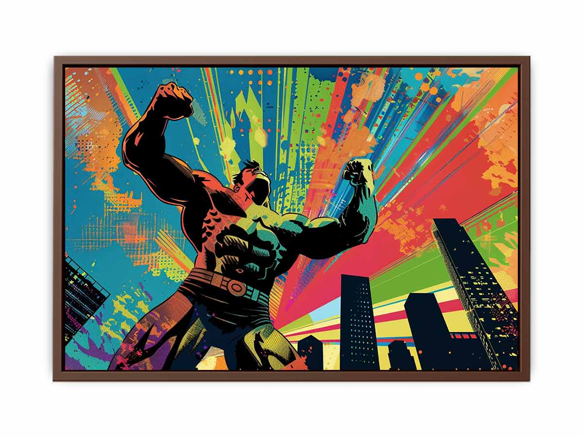 Colorful pop art superhero canvas with city skyline for bold modern room decor.