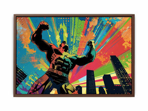 Colorful pop art superhero canvas with city skyline for bold modern room decor.
